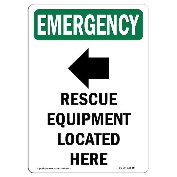 Signmission OSHA Emergency Sign, 14" Height, Aluminum, Rescue Equipment Located Here With Symbol, Portrait OS-EM-A-1014-V-10538 - main